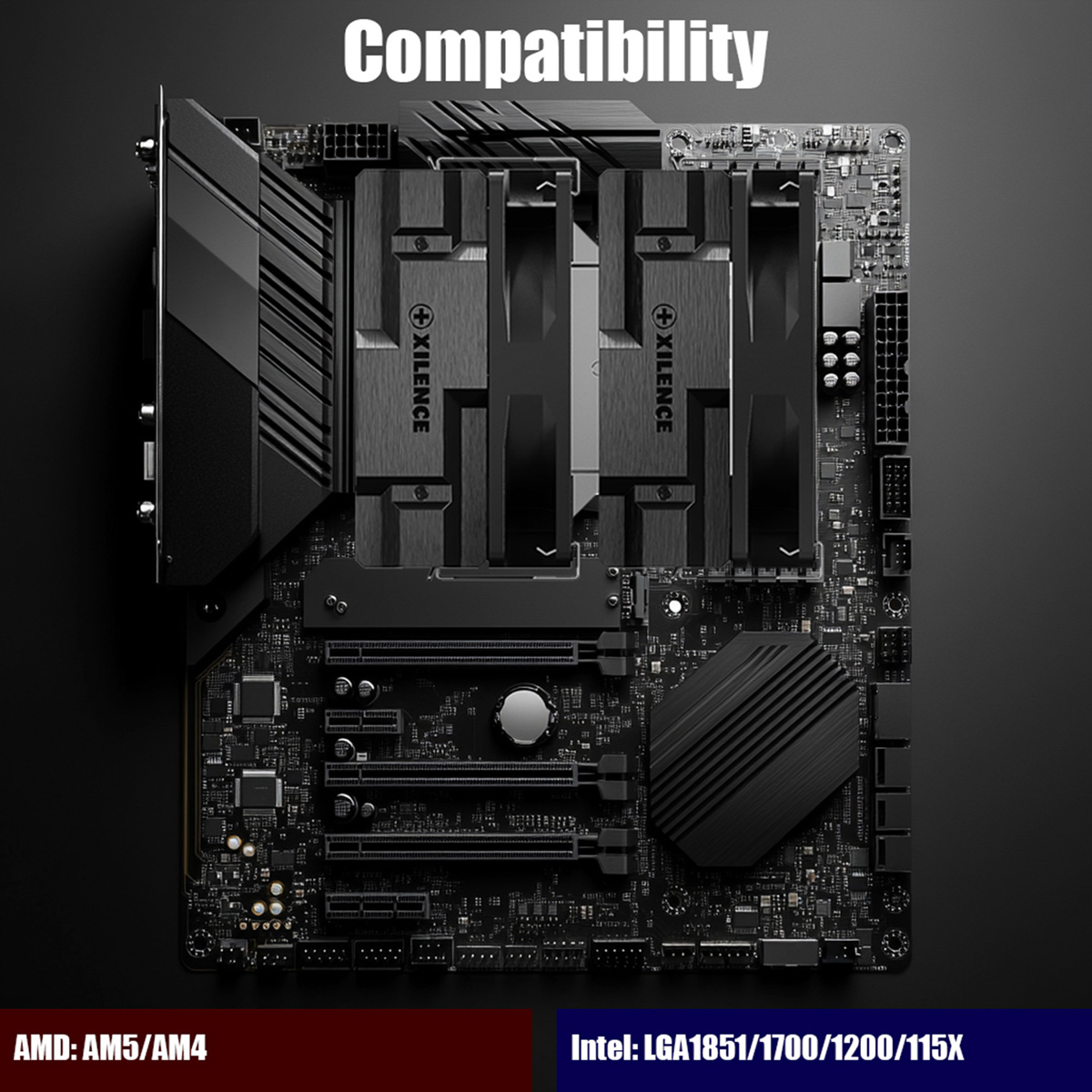 Schwarzes Computer-Motherboard mit Kühlkörpern und Chipsätzen auf dunklem Hintergrund.