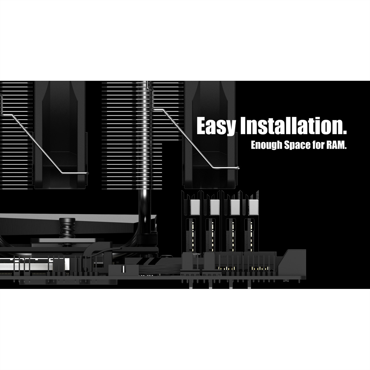 Einfache Installation und ausreichend Platz für RAM neben dem schwarzen CPU-Kühler auf einem Mainboard.