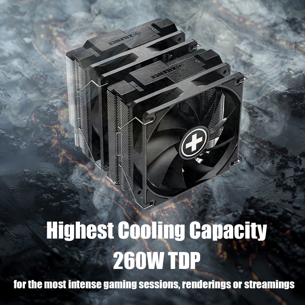 Ein Dual-Tower-CPU-Kühler mit schwarzen Lüftern vor rauchigem Hintergrund mit glühenden Lavatexturen.