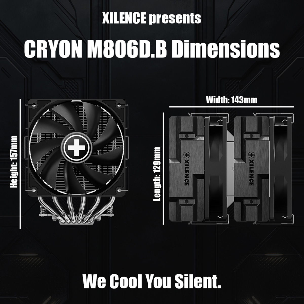 Xilence Cryon M806D.B CPU Kühler mit Abmessungen in Millimetern auf schwarzem Hintergrund.