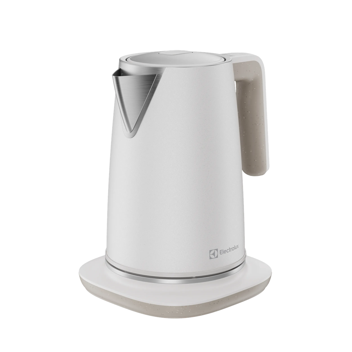 Un hervidor eléctrico blanco Electrolux con mango beige sobre su base contra un fondo negro.