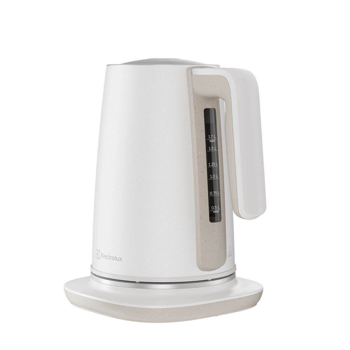 Un hervidor eléctrico blanco Electrolux con motas beiges en la base y el asa, sobre fondo negro.