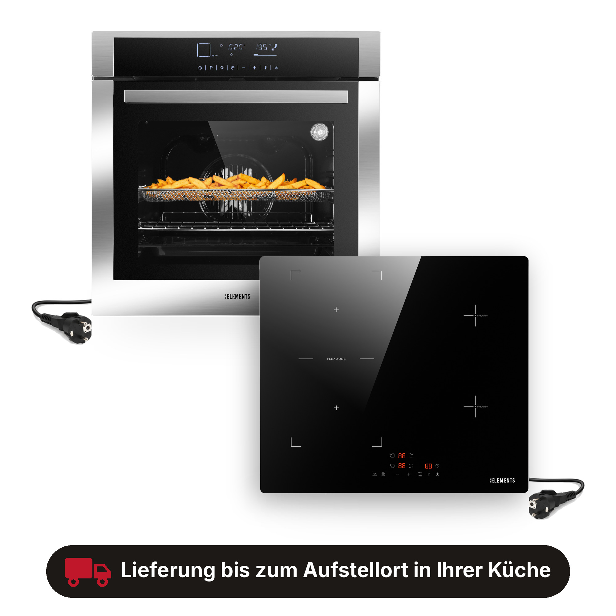 Edelstahlbackofen mit Pommes innen und ein schwarzes Induktionskochfeld, jeweils mit Kabel und Stecker.