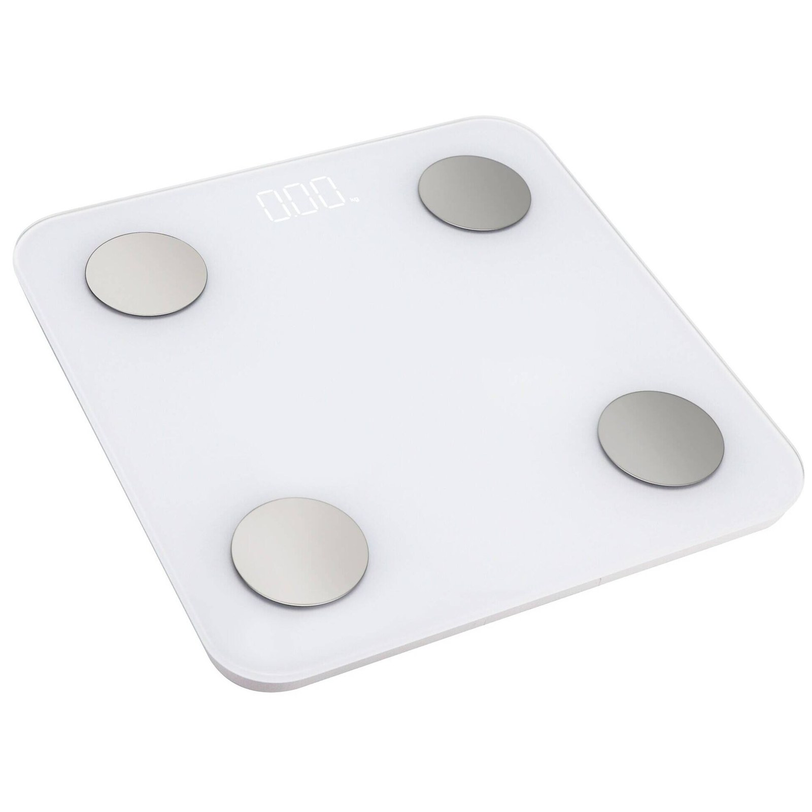 Dört gümüş dairesel sensörlü ve LED ekranlı beyaz dijital banyo tartısı.