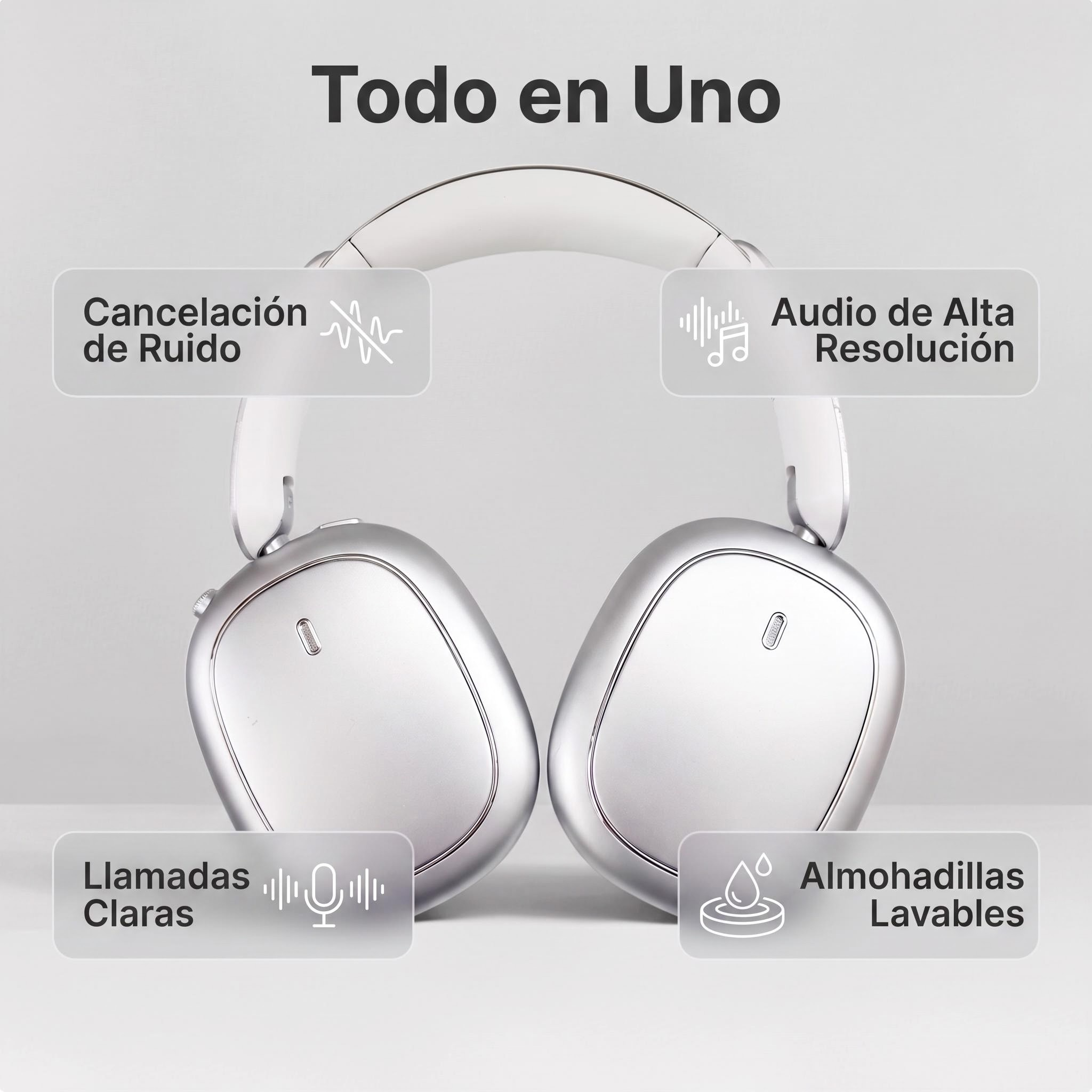 Auriculares supraaurales blancos con cascos plateados y funciones como cancelación de ruido.