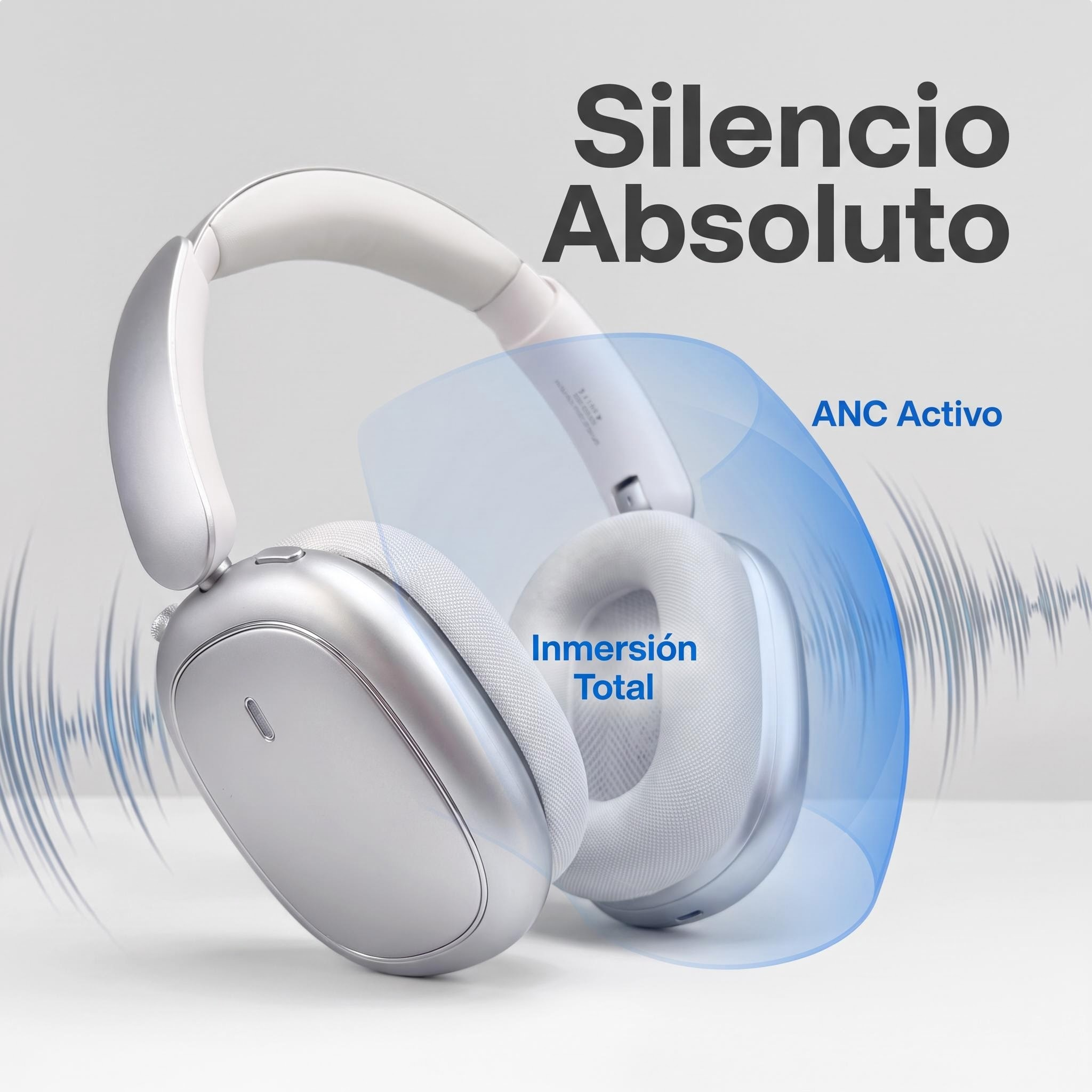 Auriculares inalambricos plateados con cancelacion activa de ruido, ondas sonoras y texto.