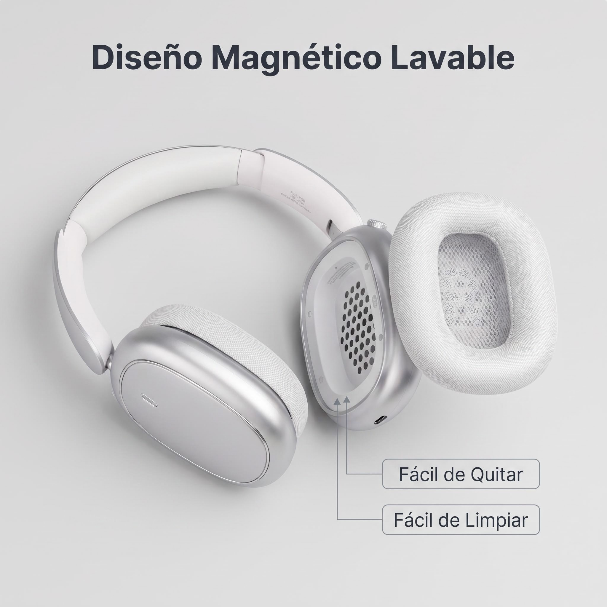 Auriculares supraaurales blancos con almohadillas magnéticas extraíbles sobre fondo claro.