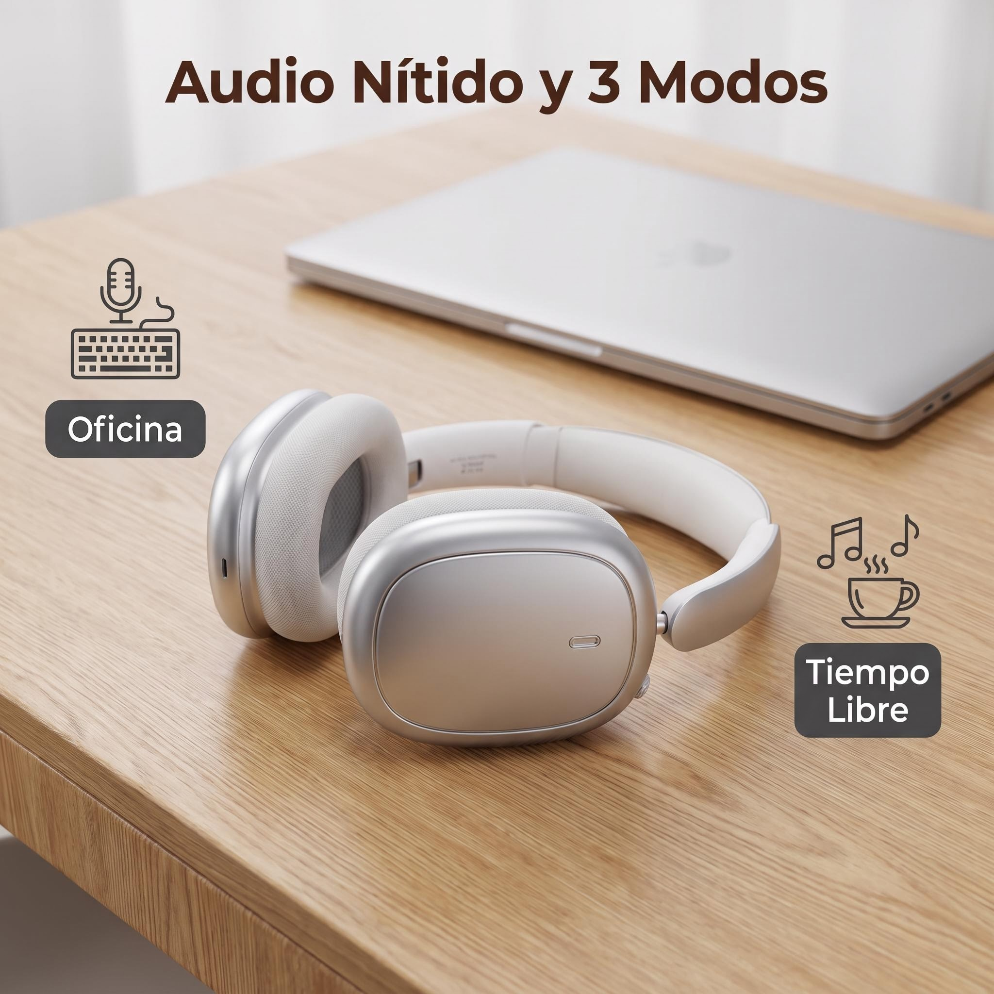 Auriculares inalámbricos plateados y una computadora portátil en un escritorio de madera.