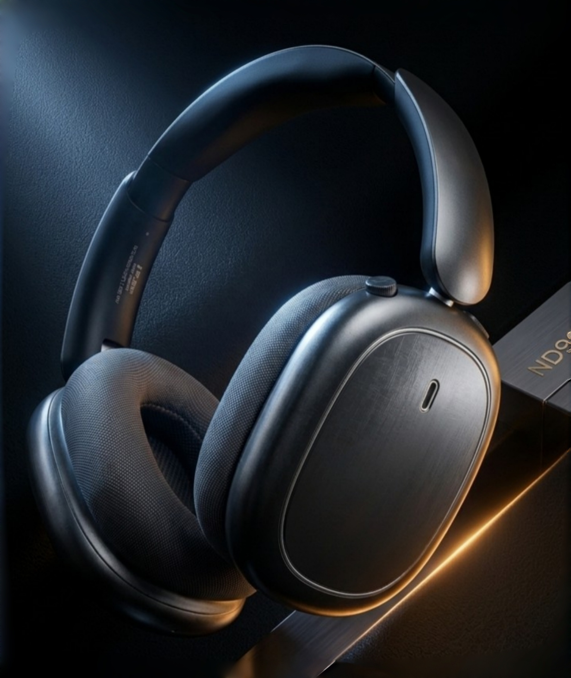 Elegantes auriculares supraaurales gris oscuro en una superficie reflectante con fondo oscuro.