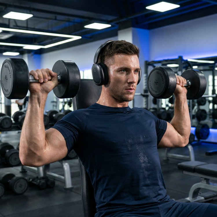 Un hombre sudoroso con camiseta oscura y auriculares levanta mancuernas en un gimnasio.