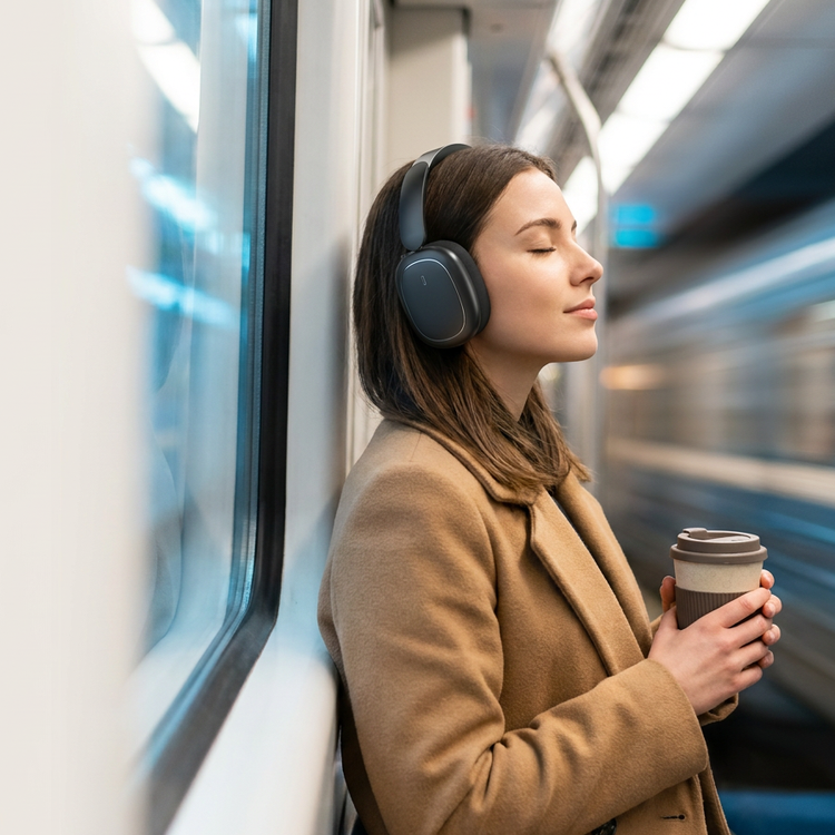 Una mujer con abrigo y auriculares sostiene un vaso de café en un metro en movimiento.