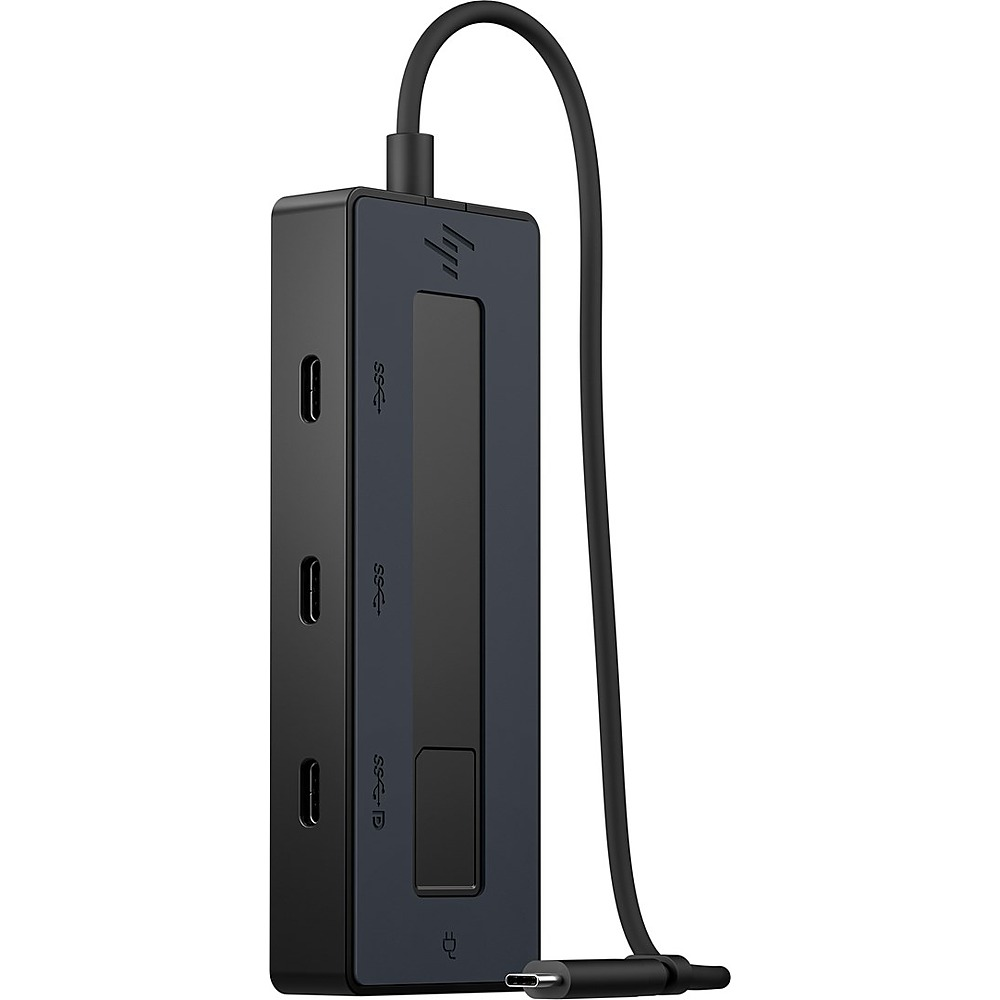 Schwarzer HP USB-C Hub mit mehreren Anschlüssen und integriertem Kabel.