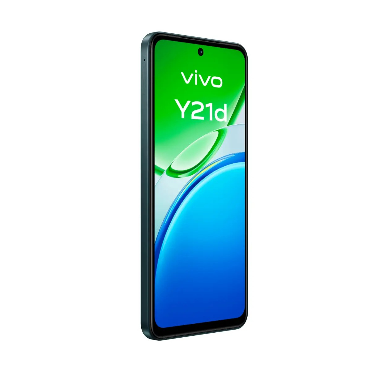 Uno smartphone Vivo Y21d con schermo verde e blu su sfondo bianco.