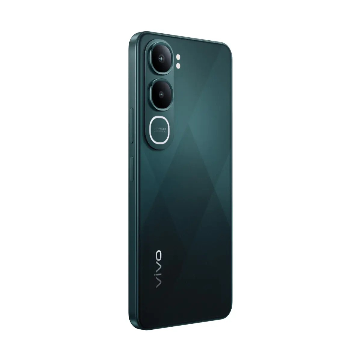 Smartphone Vivo verde scuro con tripla fotocamera verticale e logo sul retro.