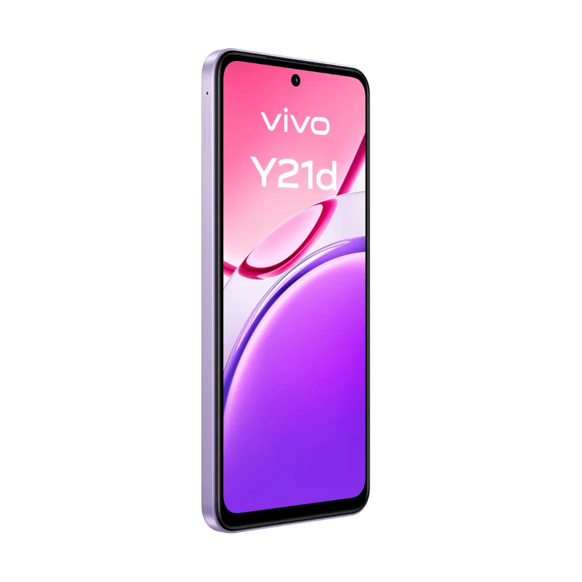 Uno smartphone vivo Y21d viola inclinato a sinistra, con la scritta vivo Y21d.