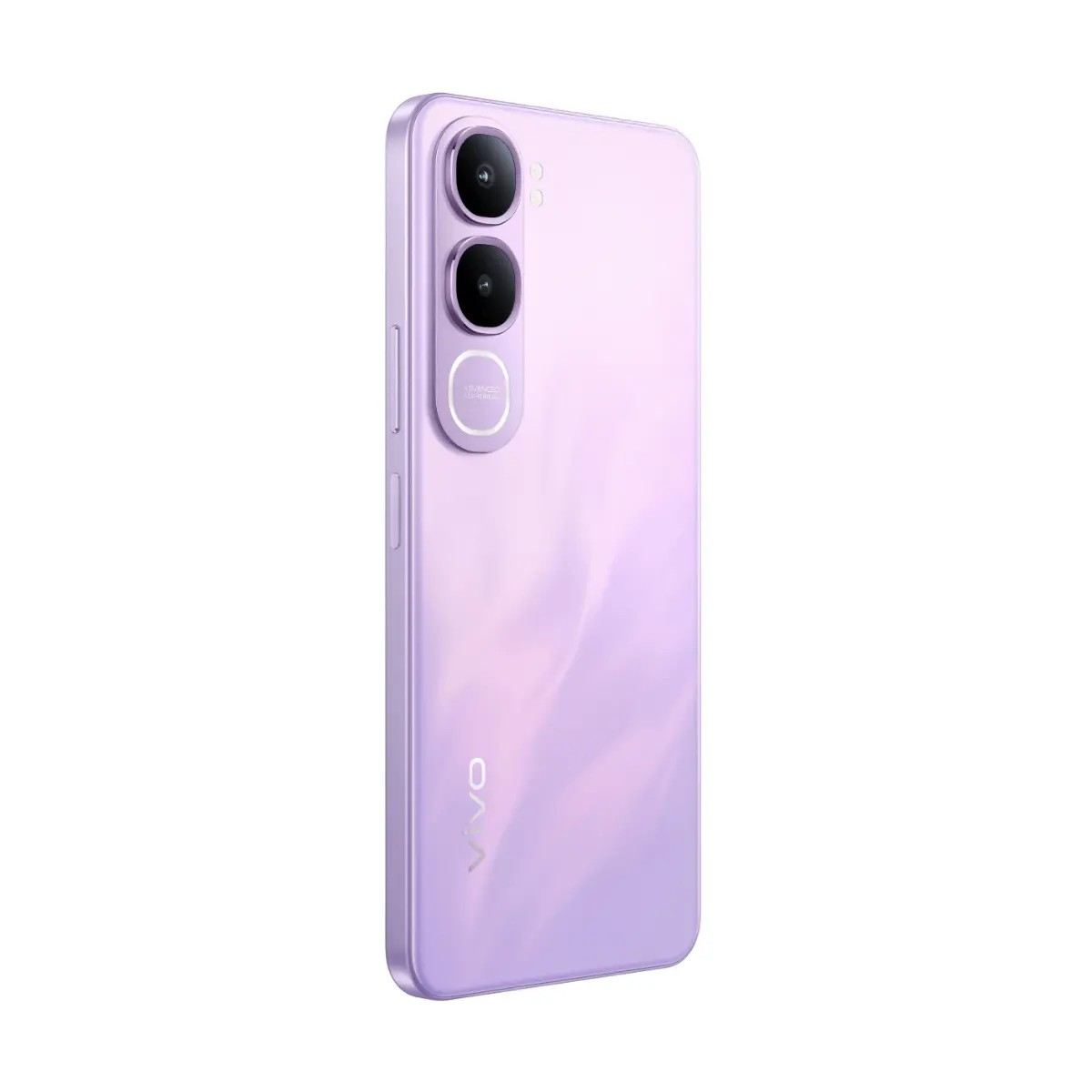 Retro di uno smartphone viola chiaro con doppia fotocamera e logo vivo su sfondo bianco.