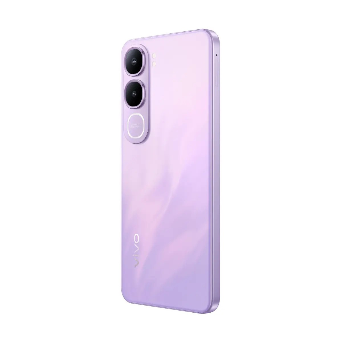Retro di uno smartphone Vivo viola chiaro con due fotocamere verticali e il logo Vivo.