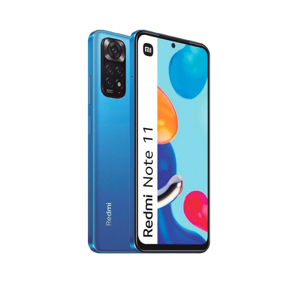 Blaue Smartphones Redmi Note 11 zeigen Vorder- und Rückseite auf weißem Grund.