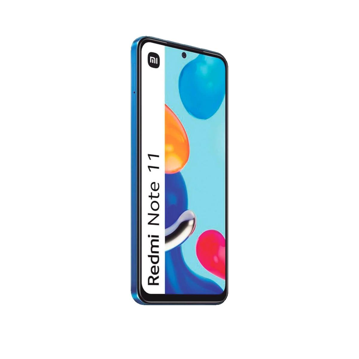 Ein blaues Xiaomi Redmi Note 11 Smartphone zeigt einen bunten Startbildschirm mit der Aufschrift Redmi Note 11.
