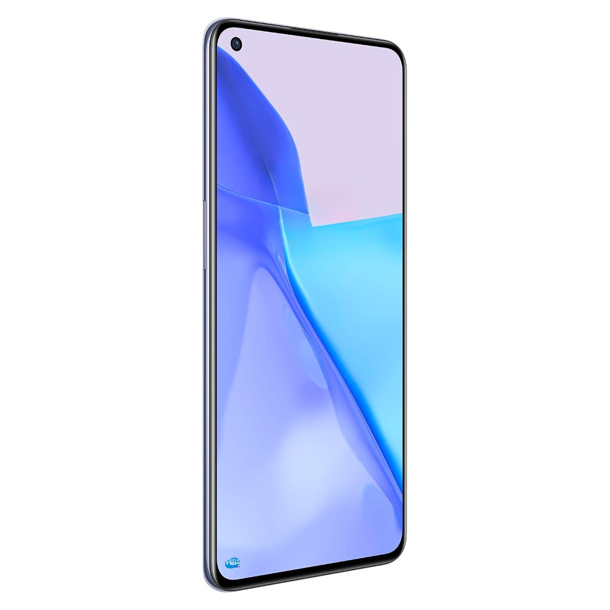 Uno smartphone con uno sfondo blu sullo schermo si trova verticalmente su sfondo bianco.