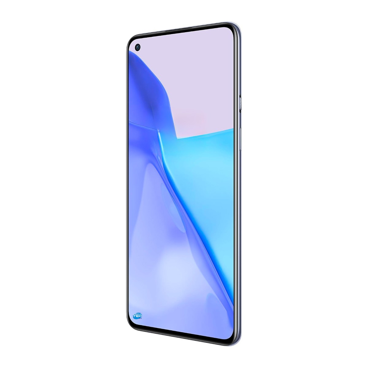 Uno smartphone in vista angolata, con uno sfondo astratto azzurro sullo schermo.