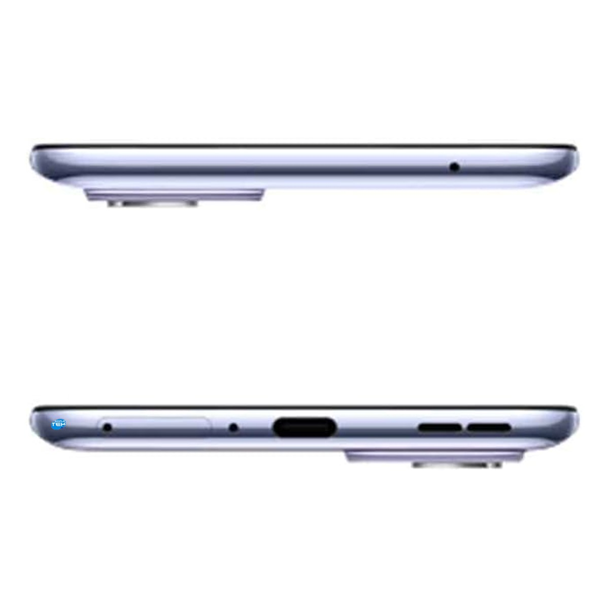Viste laterali di uno smartphone argento con porte, microfoni e altoparlanti.