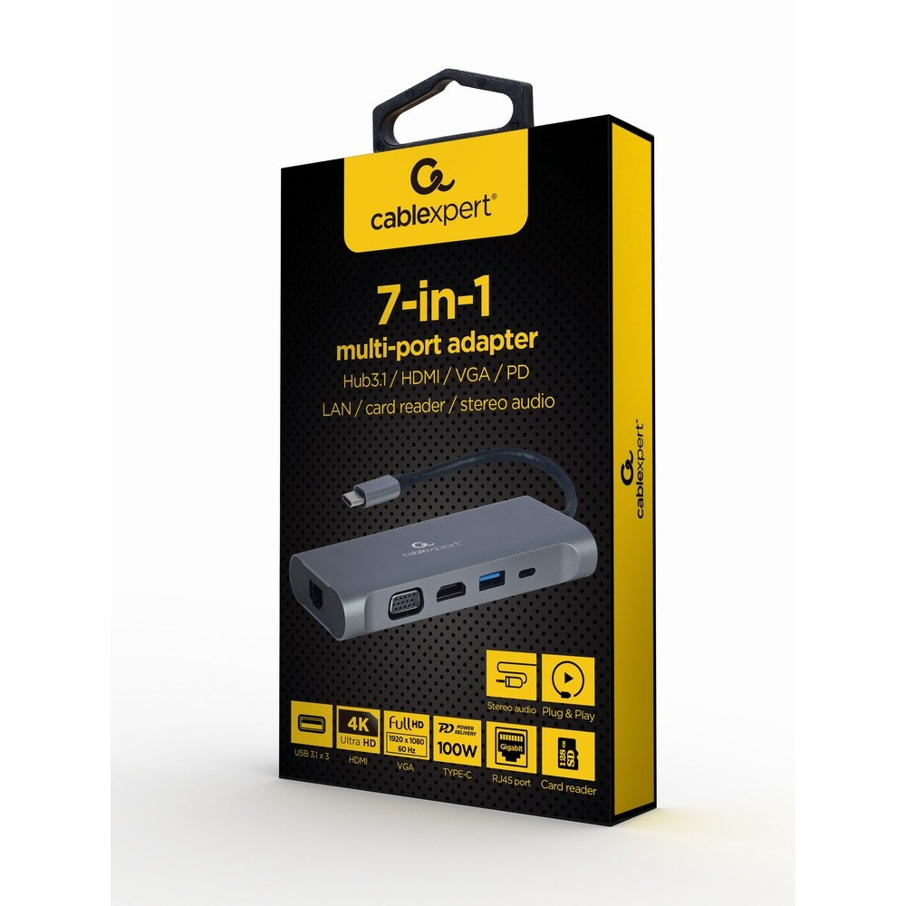 Schwarze und gelbe Verpackung für einen grauen 7-in-1 Multi-Port-Adapter von Cablexpert.