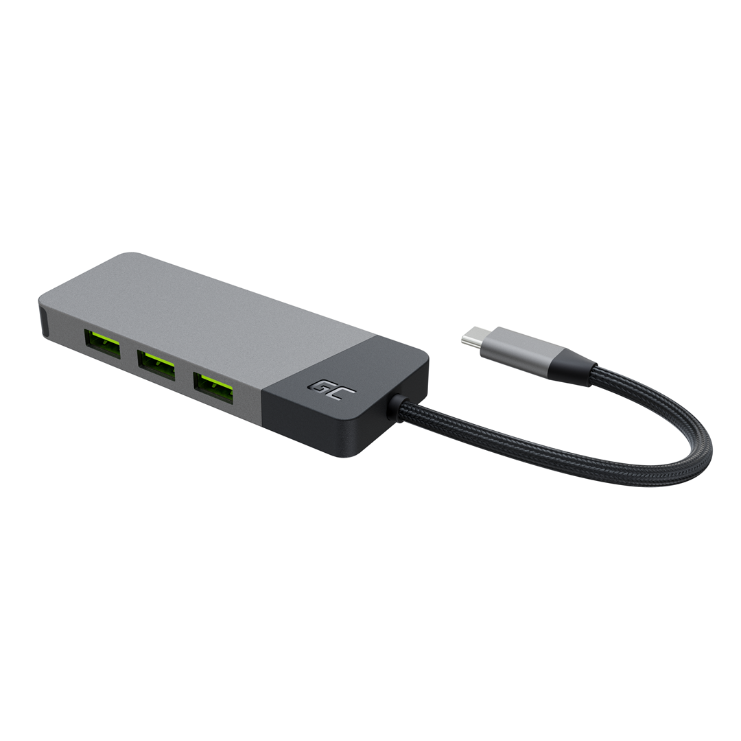 Grauer USB-Hub mit drei grünen Anschlüssen und einem USB-C-Kabel auf weißem Hintergrund.