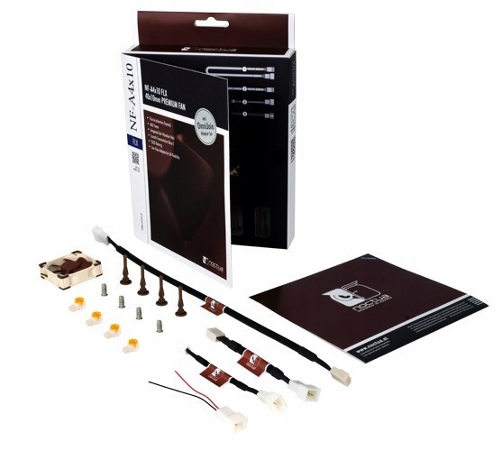 Ein Noctua NF-A4x10 Lüfter in Verpackung mit Kabeln, Schrauben, Anti-Vibrations-Halterungen und Handbuch.