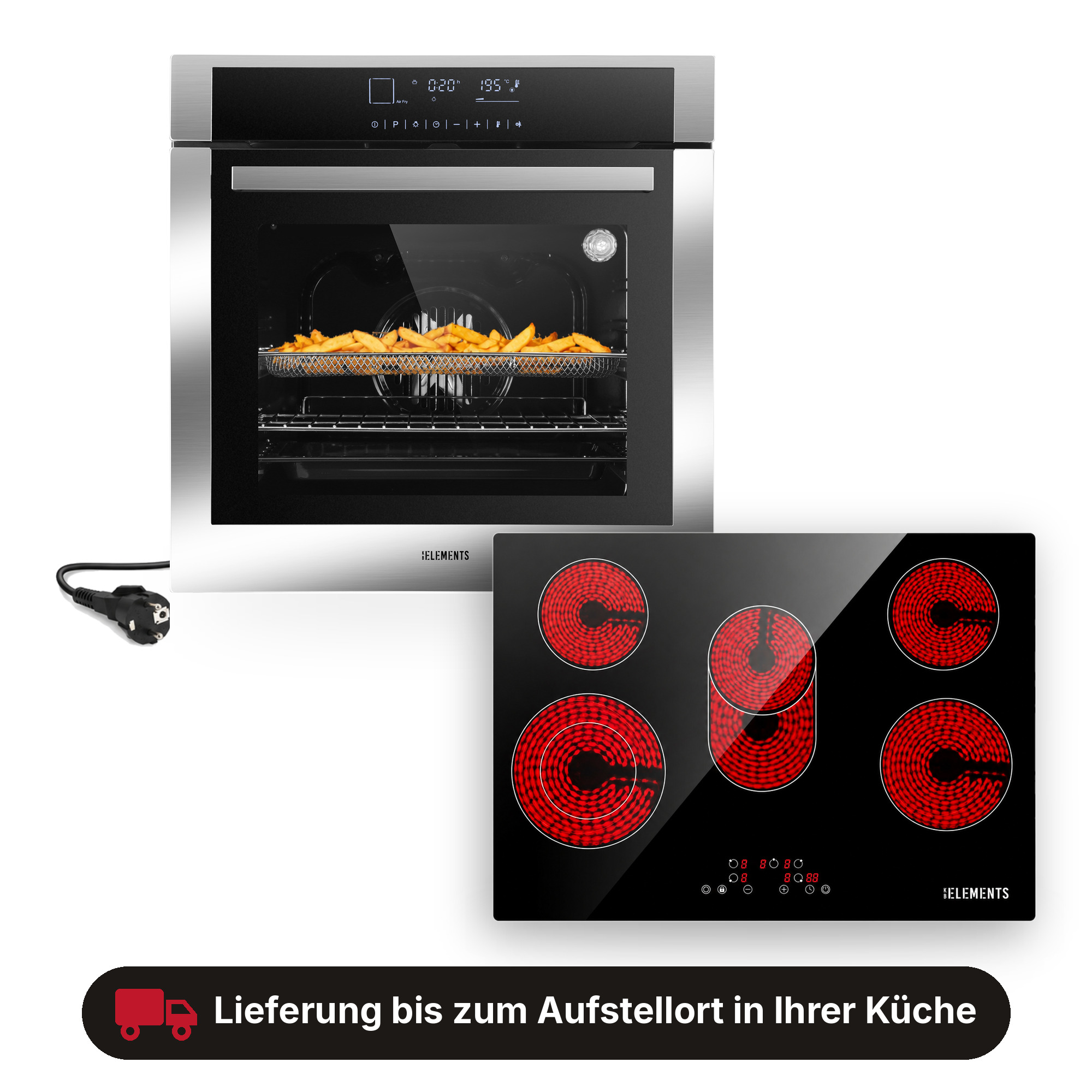 Edelstahlbackofen mit Pommes und schwarzes Glaskeramikkochfeld mit roten Kochzonen.