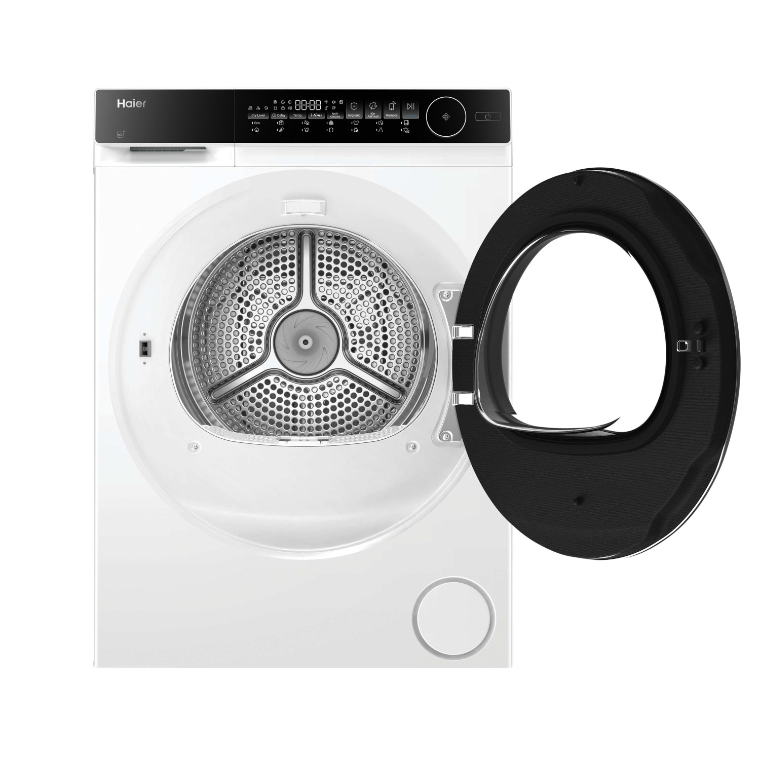 Asciugatrice Haier bianca con porta del cestello aperta e pannello di controllo nero.
