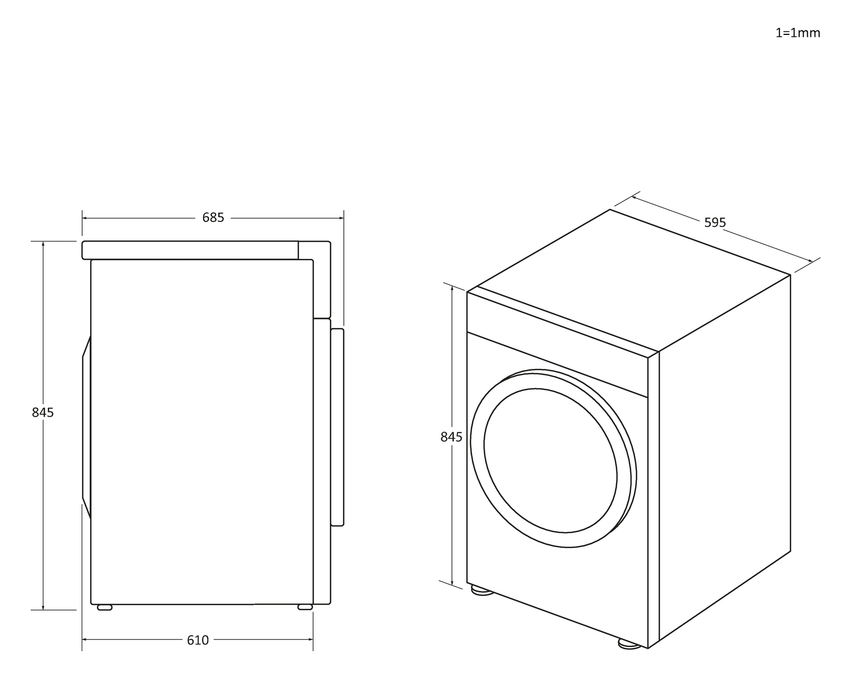 Disegno tecnico di una lavatrice con dimensioni in millimetri.