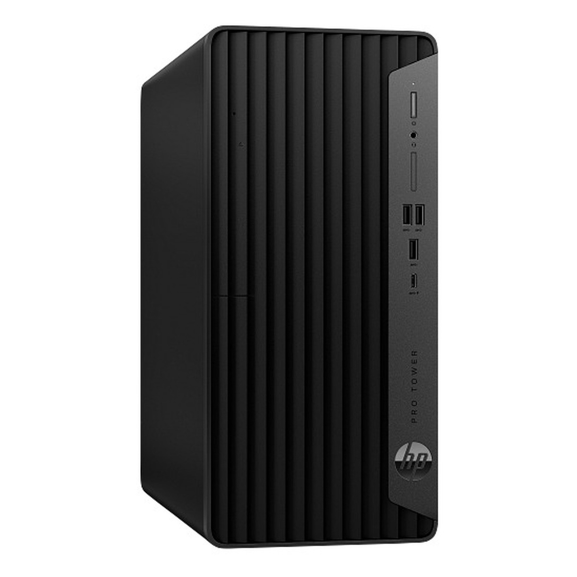 Beyaz arka planda siyah bir HP Pro Tower masaüstü bilgisayar.