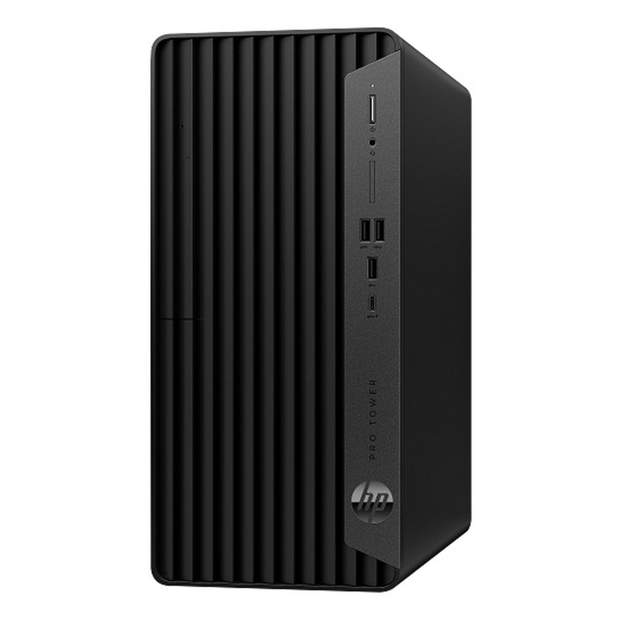 Dokulu ön panelli ve ön bağlantı noktalarına sahip siyah bir HP Pro Tower masaüstü bilgisayar.