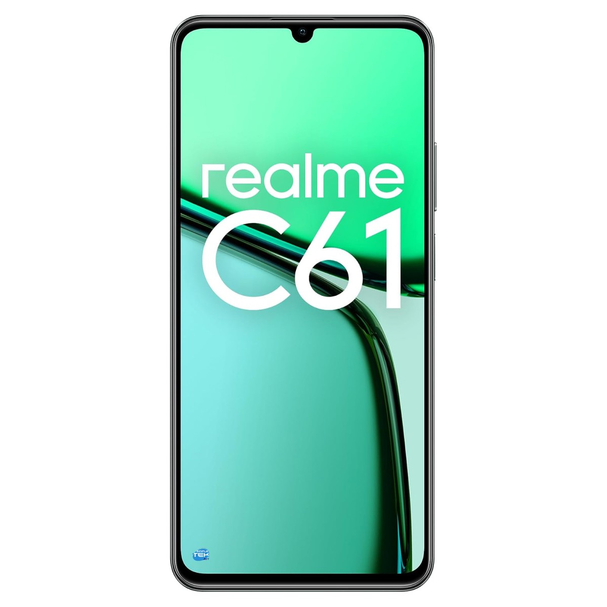 Uno smartphone Realme C61 mostra una schermata grafica verde con il nome del modello in bianco.
