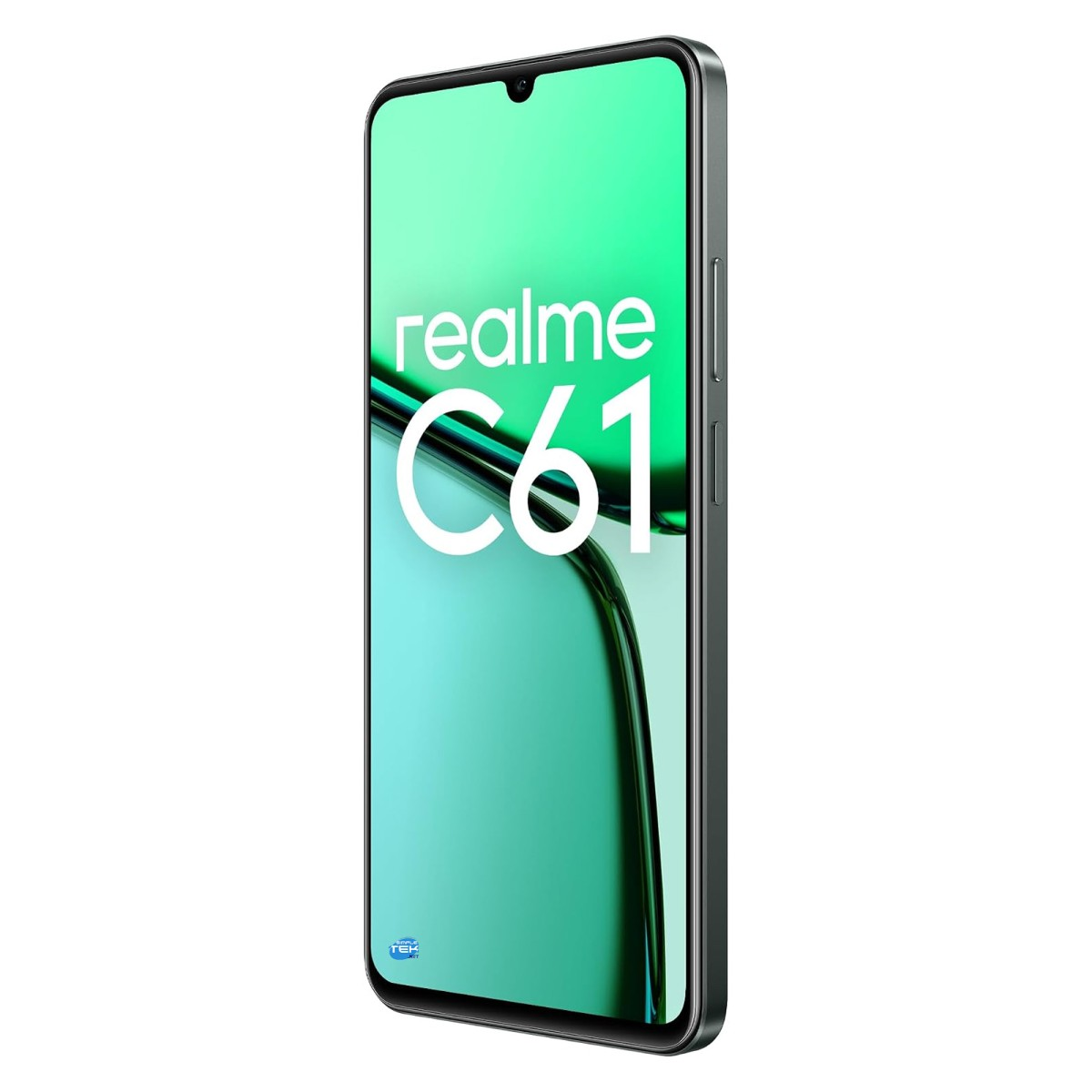 Uno smartphone Realme C61 che mostra lo schermo con il marchio, visto leggermente di angolazione su sfondo bianco.