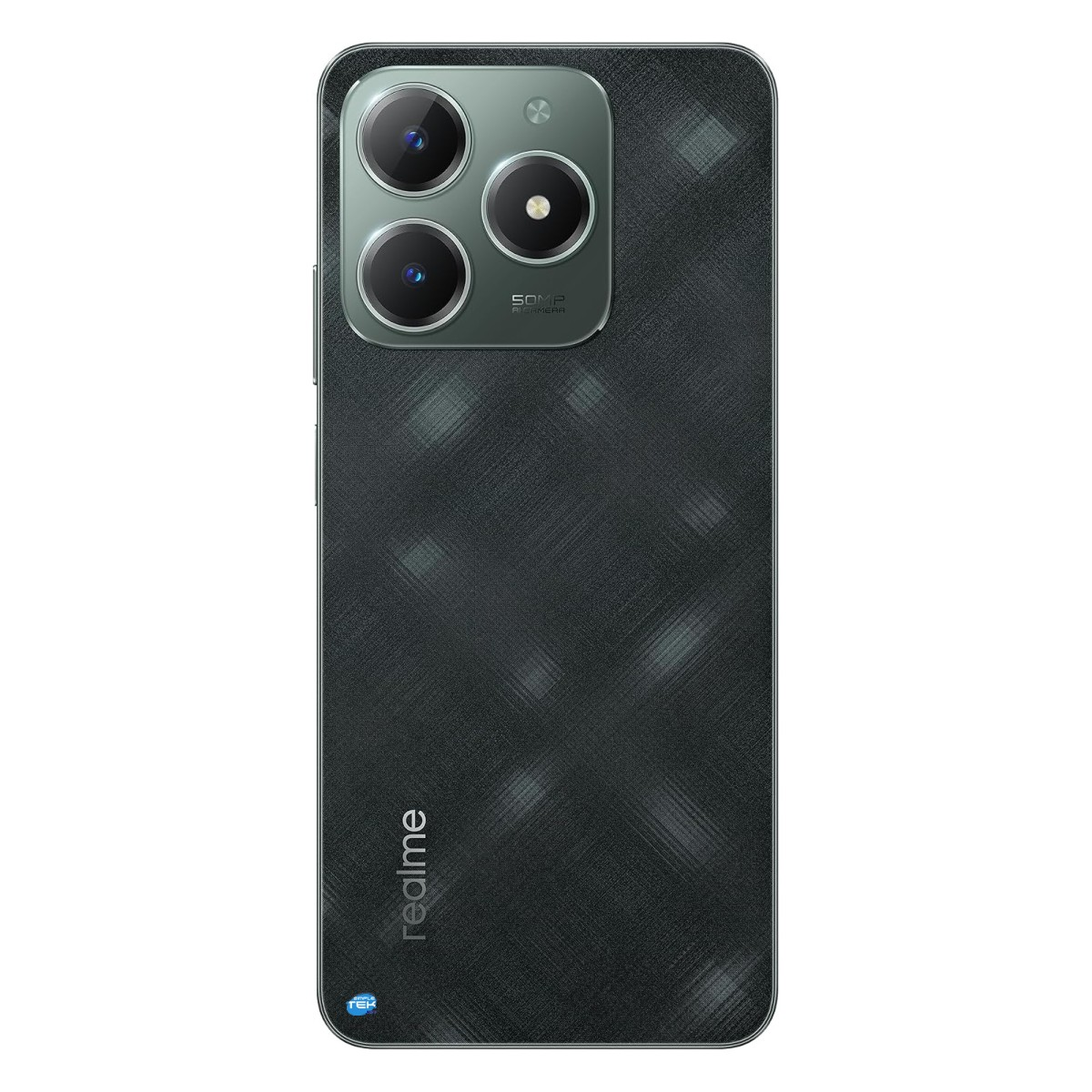 Retro di uno smartphone Realme con tripla fotocamera e motivo scuro e testurizzato.
