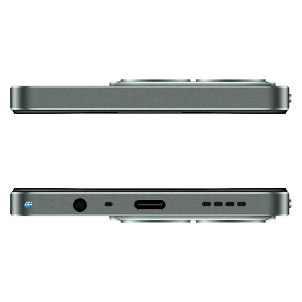 Lati inferiore e superiore di uno smartphone verde con porta USB-C, altoparlante, jack audio e fotocamera.