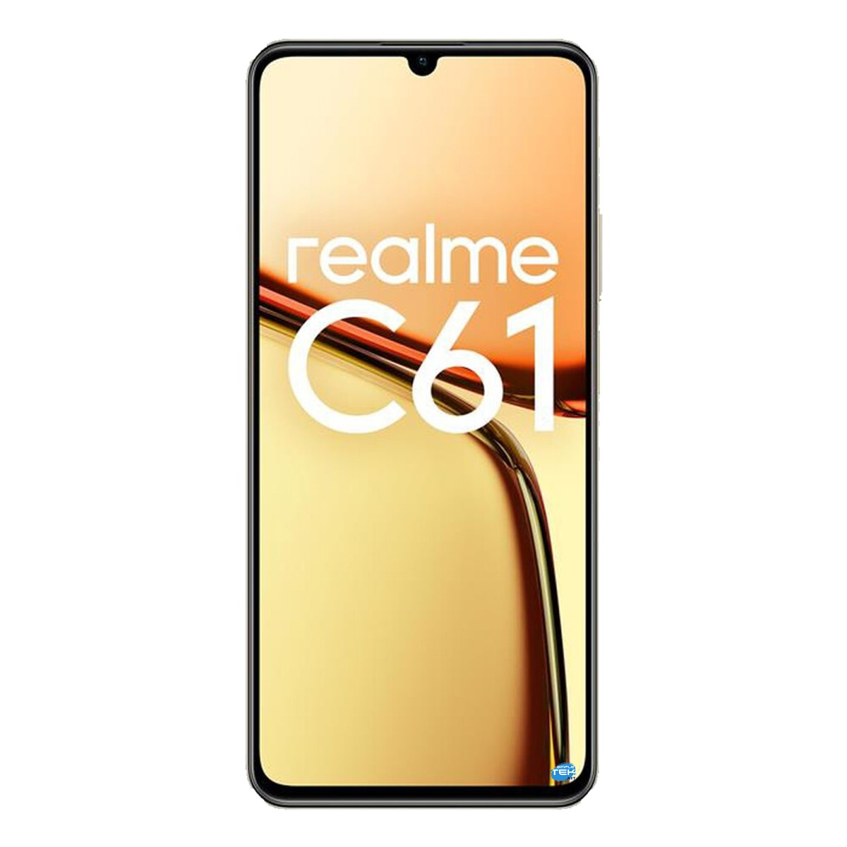 Smartphone realme C61 con display vivace che mostra il nome del modello in grandi lettere bianche.