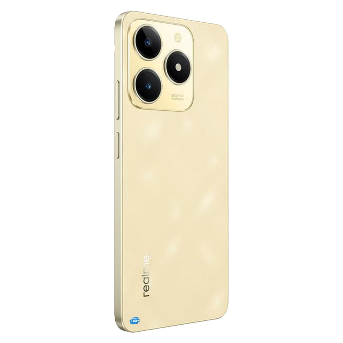 Smartphone Realme dorato con tripla fotocamera posteriore e texture sottile.