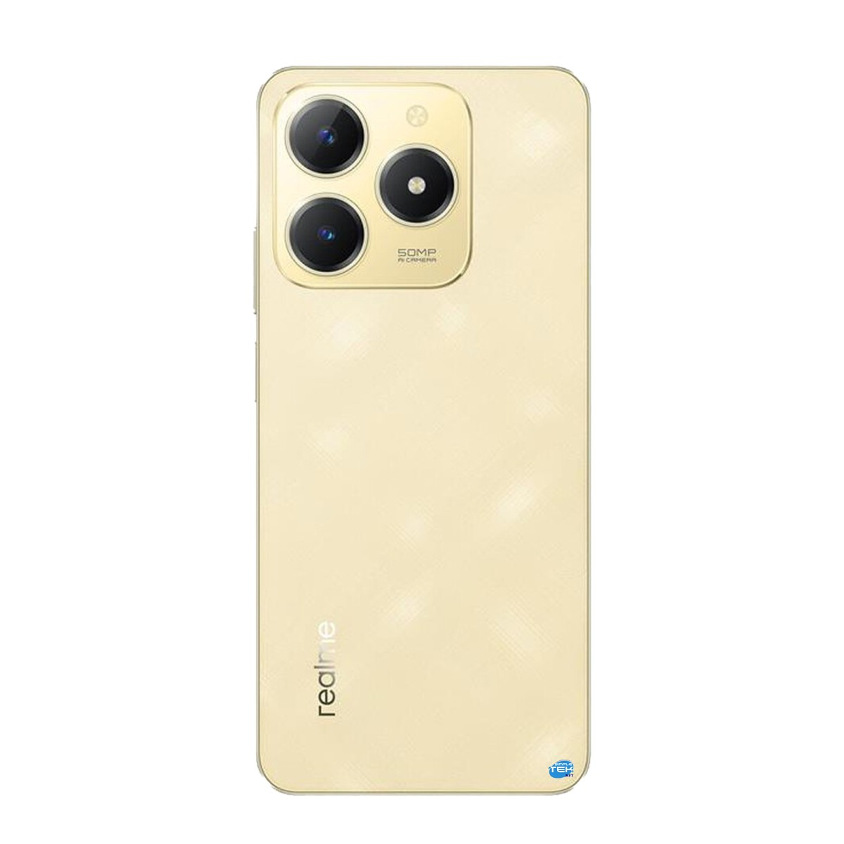 Retro di uno smartphone dorato con modulo a tripla fotocamera e logo Realme.