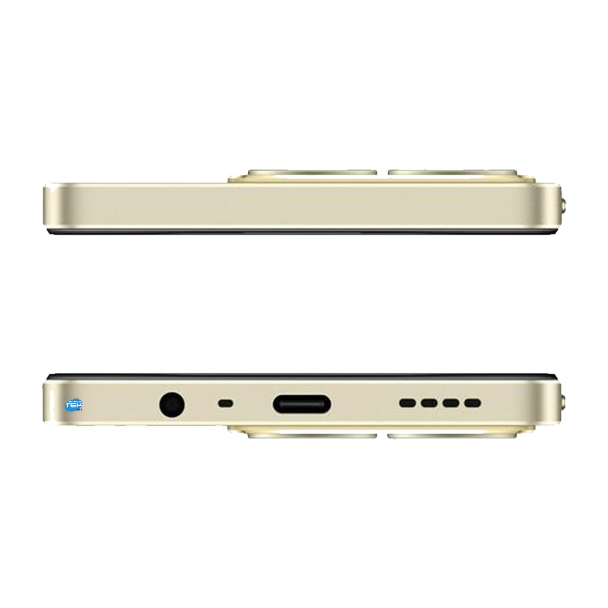 Vista laterale e inferiore di uno smartphone dorato con porte e altoparlanti.