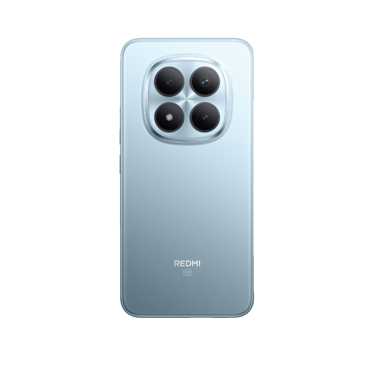 Rückseite eines hellblauen Redmi 5G Smartphones mit vier Kameras in einem runden Modul.
