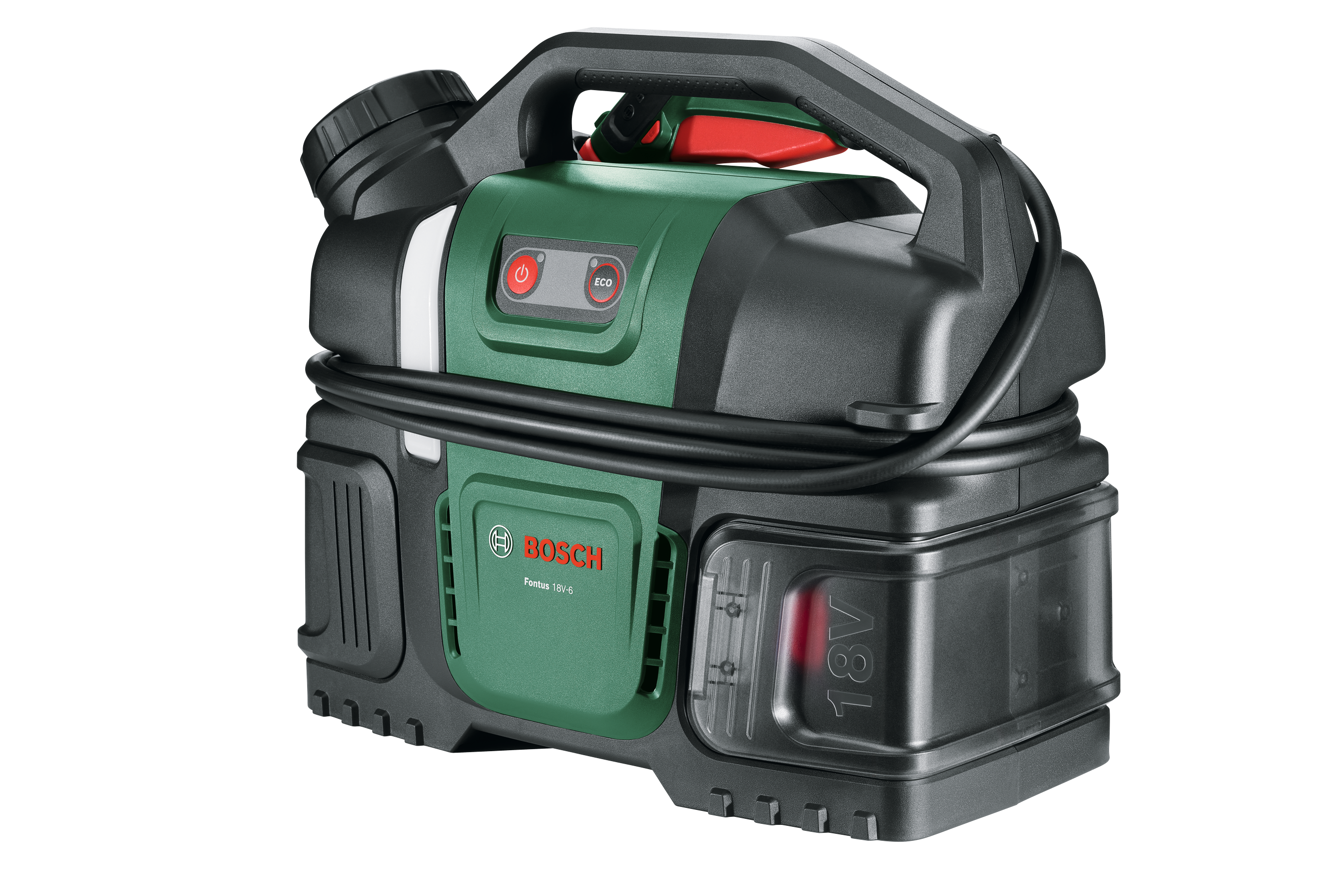 Idropulitrice a batteria Bosch Fontus 18V-6 verde e nera con serbatoio dell'acqua e tubo integrati.