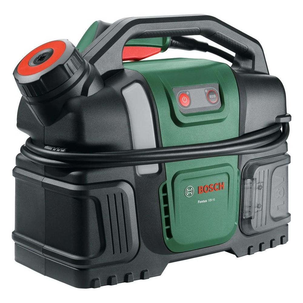 Idropulitrice a batteria Bosch Fontus nera e verde con serbatoio dell'acqua e maniglia integrati.