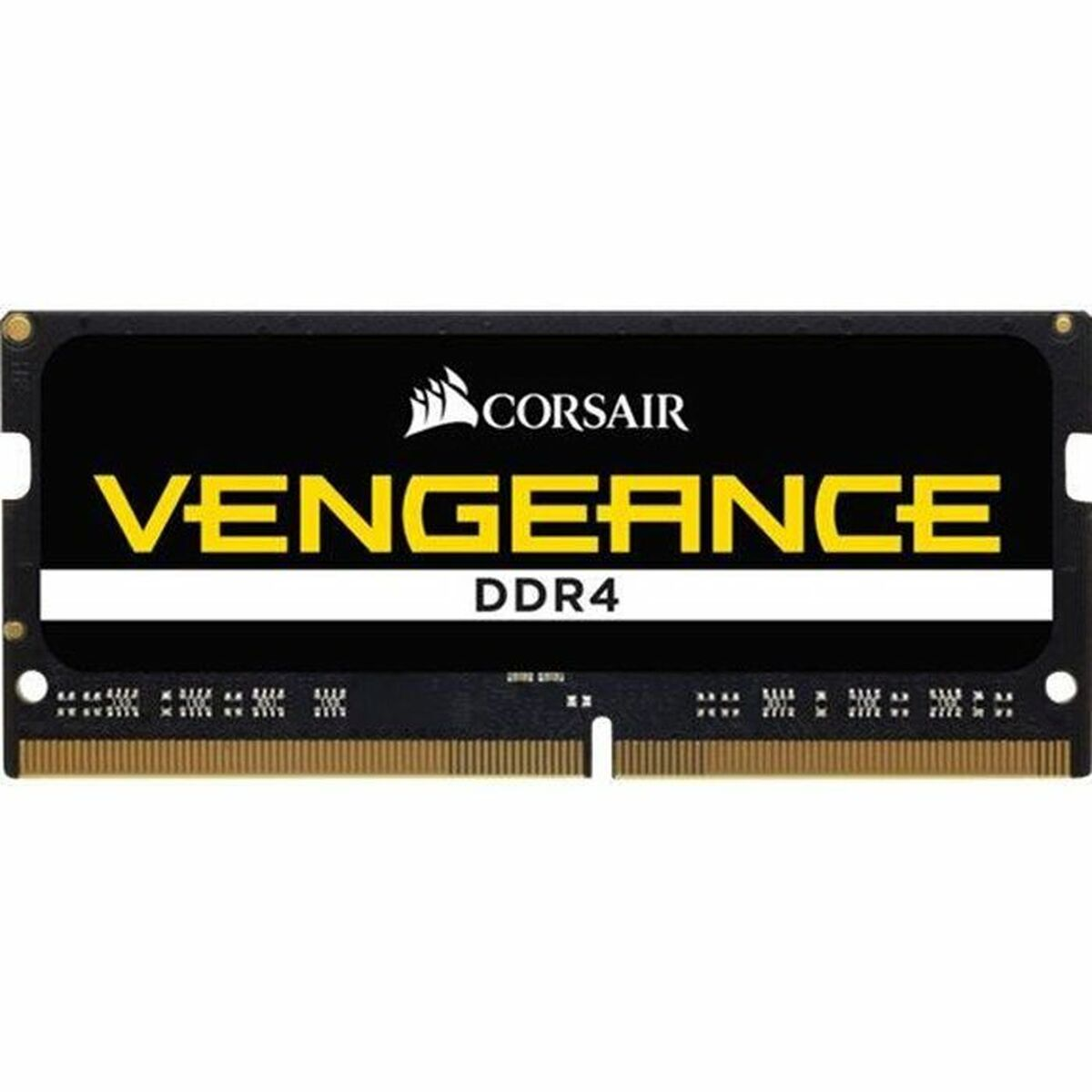 Czarna kość pamięci RAM DDR4 Corsair Vengeance z żółtym napisem i złotymi stykami na białym tle.