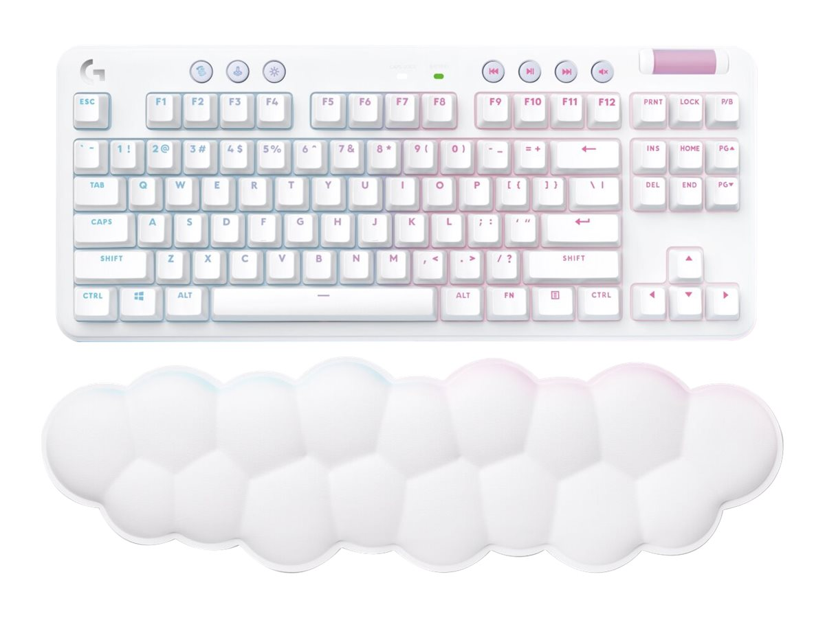Eine weiße mechanische Tastatur mit RGB-Beleuchtung und eine weiße, wolkenförmige Handballenauflage.