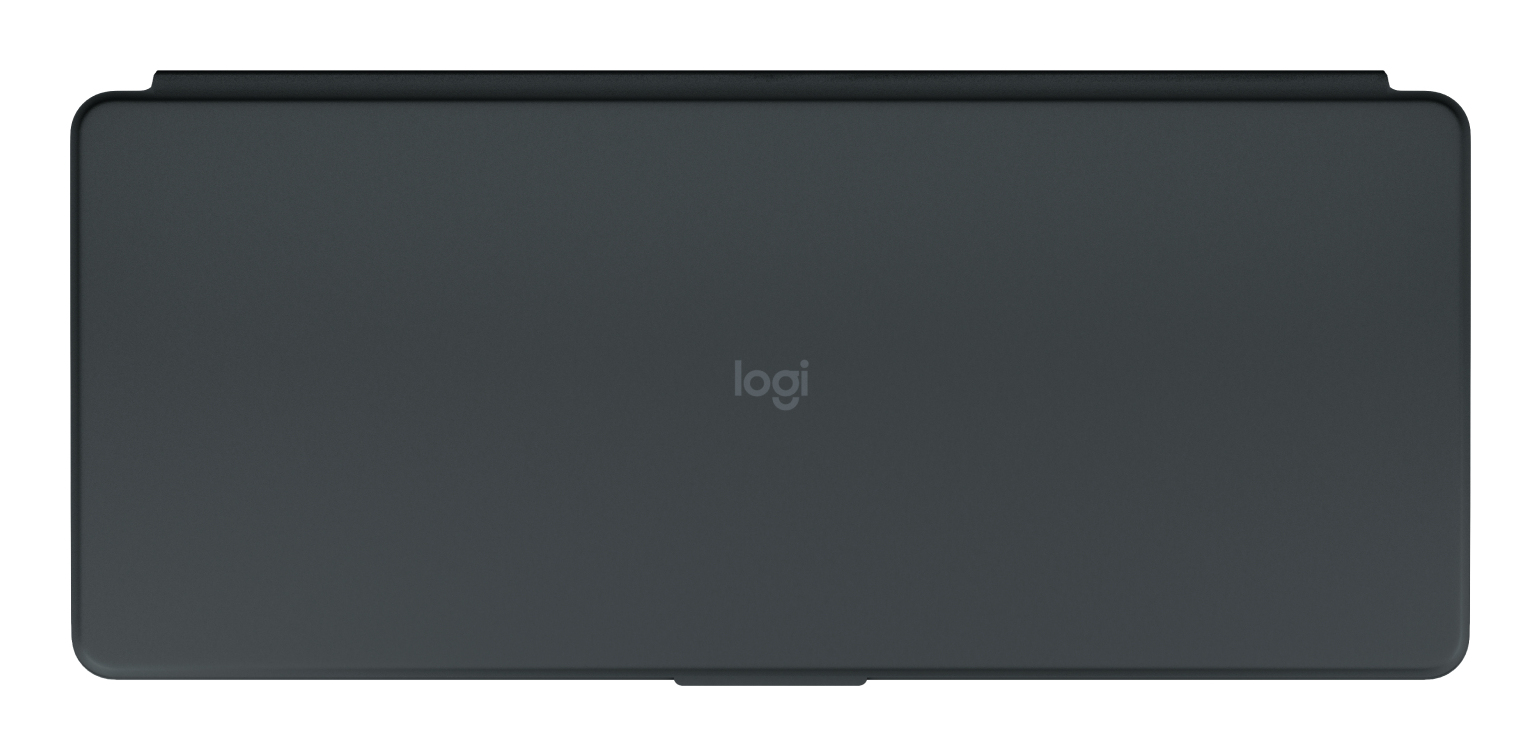 Eine geschlossene schwarze Logitech-Tastaturhülle mit abgerundeten Ecken und dem Logi-Logo in der Mitte.