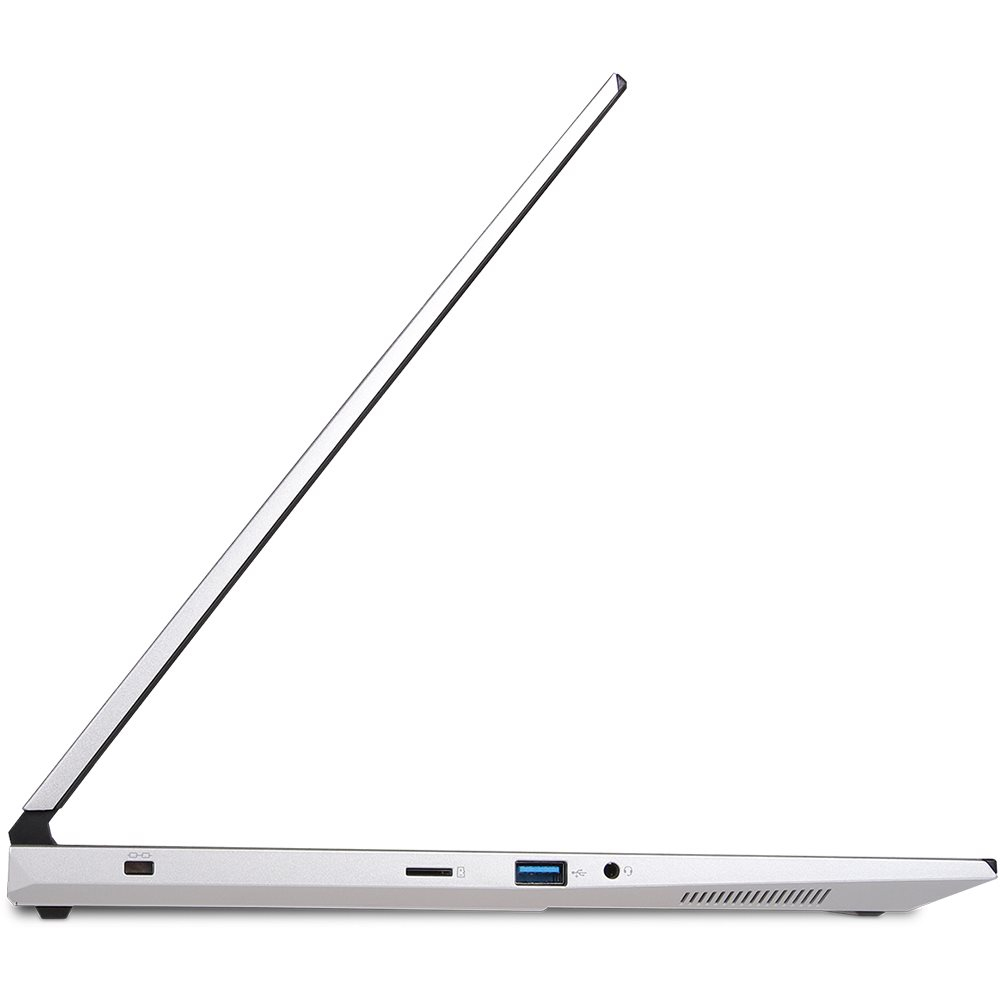 Seitenansicht eines silbernen Laptops mit sichtbaren Anschlüssen und Lüftungsschlitzen.