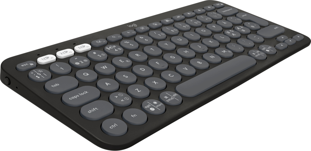 Tastiera wireless nera con tasti rotondi e tre pulsanti di associazione bianchi.